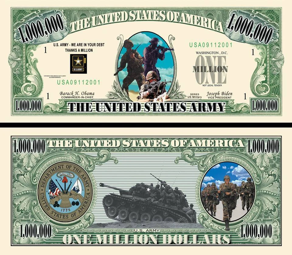 US Army Million Dollar Bill Play Funny Money Novelty Note with FREE SLEEVE