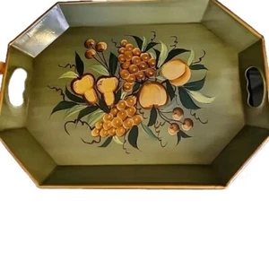 Vintage Hand Painted Nashco Metal Serving PILGRAM 148 Tray Green Floral Motif  - Picture 1 of 9