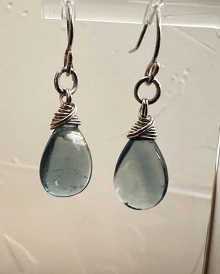 Pendientes colgantes artesanales lisos briolette aguamarina 925 envueltos en alambre de ley Foto 1 de 4