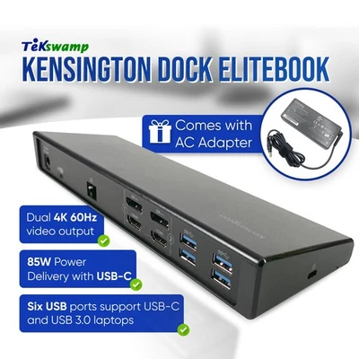 Estación de acoplamiento doble universal 4K USB-C Kensington OEM para HP EliteBook 840 G5 con CA Foto 1 de 4