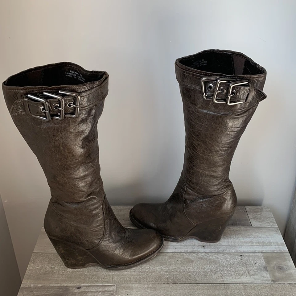 Botas de cuña Apepazza media pantorrilla marrón cuero tacón para mujer 7,5 Foto 1 de 4