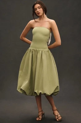 Anthropologie Mare Mare Midi 连衣裙绿色无肩带垂腰 Vacay 中号全新带标签 — 第 1/4 张图片