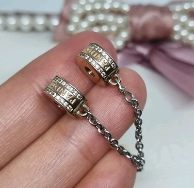 Genuine PANDORA Two-tone Insignia Logo Safety Chain Clip Charm  5cm 💕  R36 - Image 1 of 4