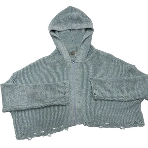 Urban Outfitters Jacket Womens Small Blue Rhode Distressed Hooded Cardigan Crop - Picture 1 of 12