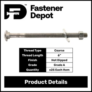 1/2”-13 x 8-1/2” Hot Dipped Galvanized Carriage Bolt Kit w/ Nuts & Washers (25x) - Picture 1 of 6