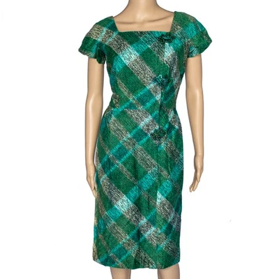 1950s Vintage Dress Wiggle Sheath Green Mid Century Modern Print Frog Closure 8 - Image 1 of 4
