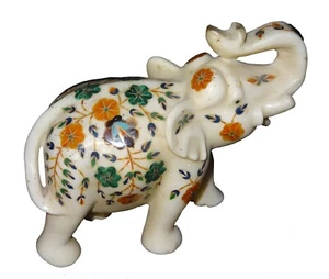 6" Stunning Marble Elephant Sculpture Multi Stone Floral Inlaid for Any Room Dec - Picture 1 of 8
