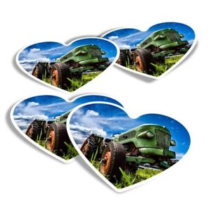 4x Heart Stickers - Vintage Green Tractor Farmer Farm #24621