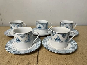 Lynns Fine China Tea Cup Coffee Mug & Saucer Set 10 PC Blue Sailboat Lighthouse - Picture 1 of 5