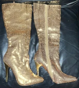 BOTAS HASTA LA RODILLA DAMAS TALLA UK 5 EU 38 LENTEJUELAS DORADAS NUEVAS NUNCA USADAS SIN MARCA - Imagen 1 de 9