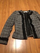 Tahari Tweed Blazer Suit Jacket Black White 2 Small Grosgrain Ruffles Office