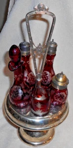 Vintage Sheffield Plate Co. 5 Piece Ruby Red Glass Cruet Set - Picture 1 of 3