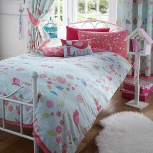 melody love birds flower pink blue shabby chic reversible single duvet cover set - Picture 1 of 1