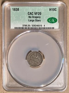 1838 CAC VF20 Liberty Seated Half Dime H10c - No Drapery - Large Stars - Picture 1 of 2
