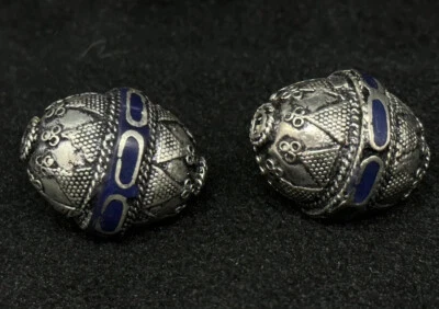 Tibeten Vinatge Old Antique Style 2 Spacer Beads Real Brass Lapis Lazuli Stone - Image 1 of 4