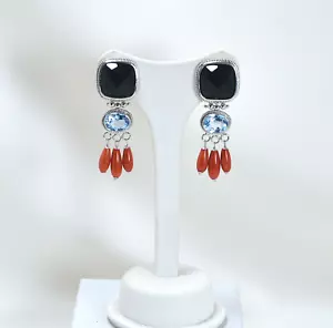 ORECCHINI IN ARGENTO 925 ONICE TOPAZIO AZZURRO E PENDOLI CORALLO ROSSO AGHT 0646 - Foto 1 di 3