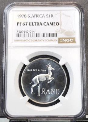 1978 SOUTH AFRICA SILVER 1 RAND SPRINGBOK NGC PF 67 ULTRA CAMEO RARE GEM PROOF - Image 1 of 3
