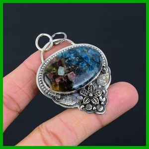925 Sterling Silver Natural Copper Watermelon Tourmaline Trendy Flower Pendant - Picture 1 of 11