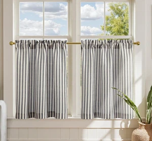 Linen Blend Curtains 24 Inch Length Black Striped Cafe Ticking Stripe Rod Pocket - Picture 1 of 4