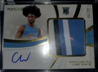 2019 Immaculate Coby White Game Used Patch Rookie Auto 2/99 Jersey Match 1/1 Rpa - Image 1 of 2