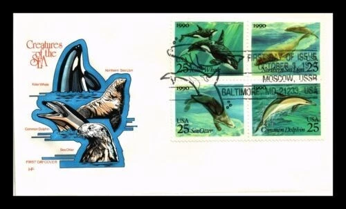 CREATURES OF THE SEA - SEA LION WHALE DOLPHIN OTTER 1990 FARNAM CACHET FDC UNADD - Image 1 of 1