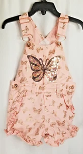 Girl's Bib Denim Pink + Rose Gold Metallic Butterflies Sequins & Heart Size 2T - Picture 1 of 6