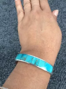 Brazalete de Colección Nativo Americano Zuni Edward Esterlina Con Incrustación Turquesa - Imagen 1 de 10