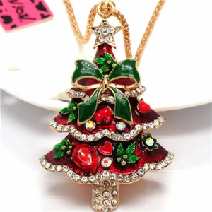 Fashion Women Colorful Enamel Crystal Christmas Tree Pendant Sweater Necklace - Picture 1 of 3
