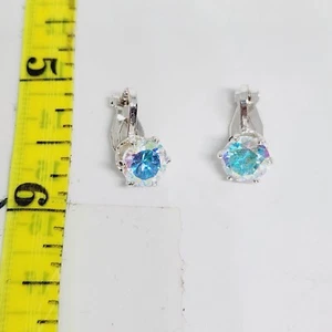 Silver Tone Aurora Borealis With Swarovski Crystal Clip Earrings Stud Blue Flash - Picture 1 of 7