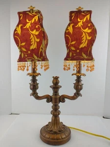 23" Antique Double Lamp Hollywood Regency Style Beaded Fringe Shade Table Lamp - Picture 1 of 12