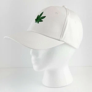 Baseball Hat White Cap Green Leaf Adjustable 18.5" - 23" Embroidery 420 Leaf - Picture 1 of 3