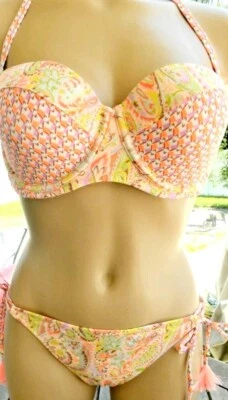 victorias secret Vintage bikini set 36D S orange gold paisley foil strapless  - Image 1 of 4