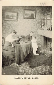 Vintage Postcard - 1900's / 1 cent stamp / Black & White - Lady sewing - baby - Picture 1 of 2