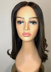 European Human Hair Wig lacetop Sheitel 16" Dark Brown w/ highlights large cap - Picture 1 of 5