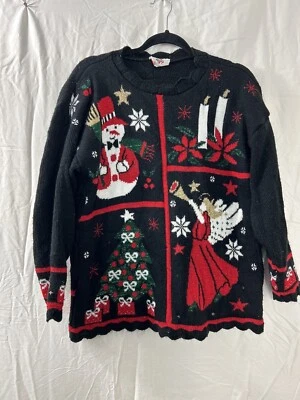 Suéter Vintage Cascanueces Feo Navidad Talla S Negro Muñeco de Nieve Árbol Ángel Años 90 Y2K Foto 1 de 4