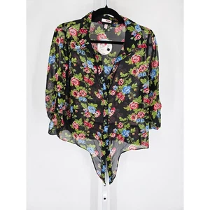 Vtg Y2K Bongo Womens Sz M Sheer Floral Tie Front Button Up Blouse NEW - Picture 1 of 4