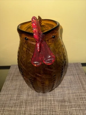 VTG Pier 1 Art Glass Rooster Amber HUGE Vase Rooster Hen Chicken Hand Blown 14” - Image 1 of 4