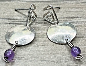 Handmade Artisan Sterling 925 Modernist Geometric Amethyst Post Dangle Earrings - Picture 1 of 8