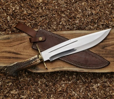 Cuchillo Bowie de acero al carbono de 10" con mango de ciervo de 6" - caza, camping, coleccionable Foto 1 de 4