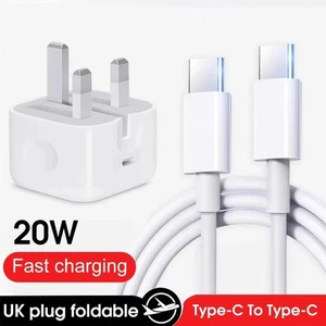 20W UK Plug Foldable Adapter with 2m Dual Type-C Cable for iPhone 15/16 - Picture 1 of 10