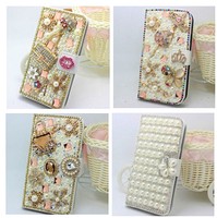 Luxury Bling Crystal Pearl Flip Leather Wallet Case for iPhone 12 Pro Max 11 XR