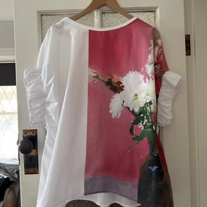 Zara Oversized Size S White Floral Top Relaxed Shirt Boho Chic Classic Fun EC! - Picture 1 of 16