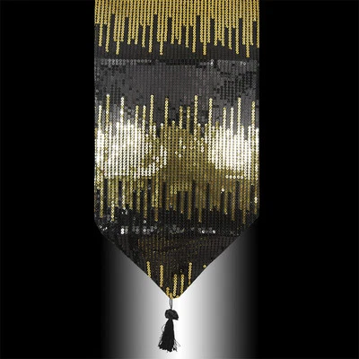 NEW LUXURY SHINY GOLD BLACK SEQUINS DECORATIVE WEDDING TASSEL TABLE RUNNER CLOTH - Image 1 of 2
