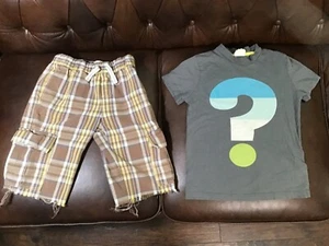 2pc Boys Mini Boden sz7-8 Question mark t-shirt tee shirt & cutoff shorts plaid - Picture 1 of 12