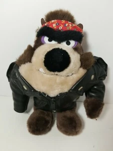 Vintage 90s Tasmanian Devil Plush in Motorcycle Biker Jacket 1993 Plush TAZ 9" - Picture 1 of 6