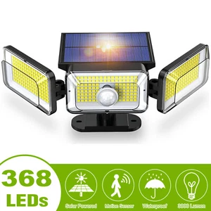 368 LED Solar Lights Outdoor 3000LM 3 Head Motion Sensor Security Wall Spotlight - Picture 1 of 8