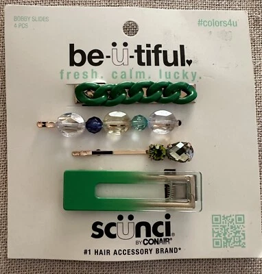 4 alfileres yamp; clips de moda adornados con diamantes de imitación Scunci be-u-tiful, verdes Foto 1 de 3