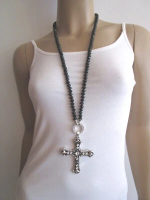 Strass Hals Kette lang Perlen Schwarz Silber Carrier Anhänger Strass Kreuz k41re - Bild 1 von 4