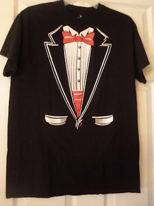 SHOP4EVER~ BLACK TUXEDO T-SHIRT~MEN'S MEDIUM~RED TIE~COSTUME~GROOM~PROM~EUC - Picture 1 of 2