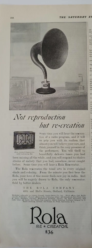 1925 Rola speaker not reproduction but re creation recreation vintage music ad - Image 1 of 1